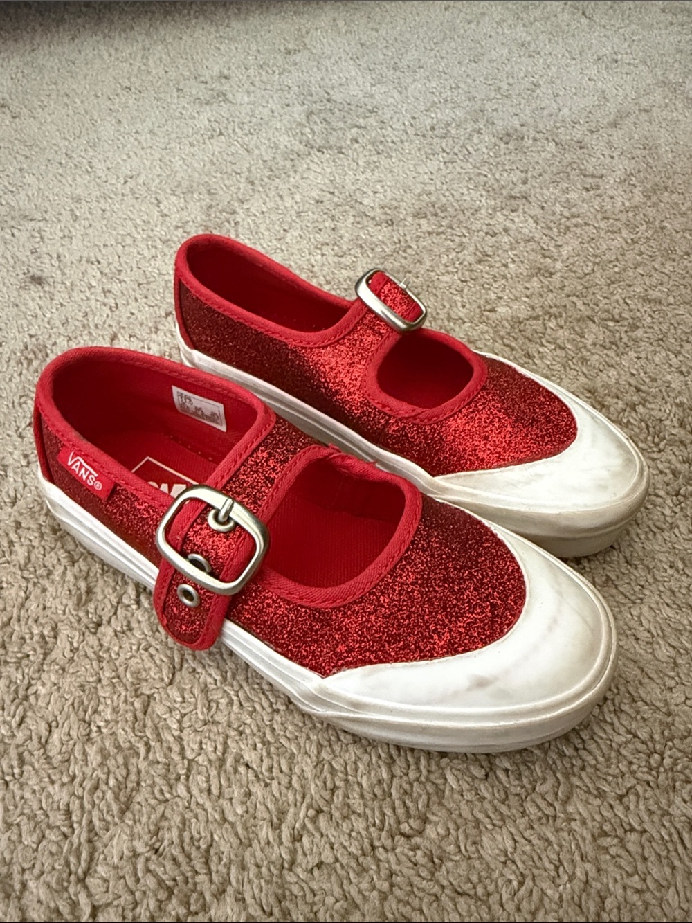 Vans Kids Red Glitter Mary Jane Sneakers with Buckle